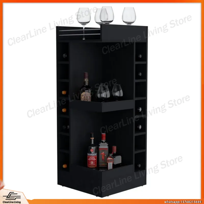 Wine Beer Rum - Siyah Köşe Bar Dolabı, Şarap Rafı,